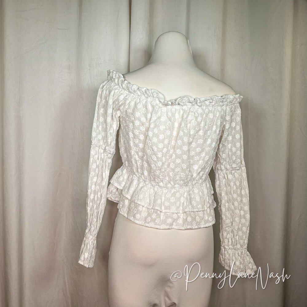 Shein Off Shoulder Floral Ruffle Hem Peplum Crop Top Blouse White - Picture 7 of 10